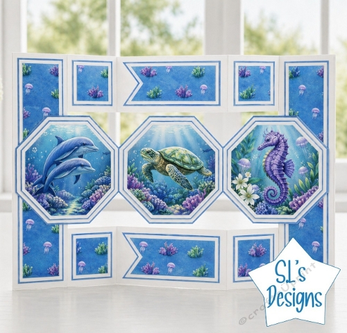Underwater Marine Card Front with Dolphins, Turtle and Seahorse – Ocean Scene Design