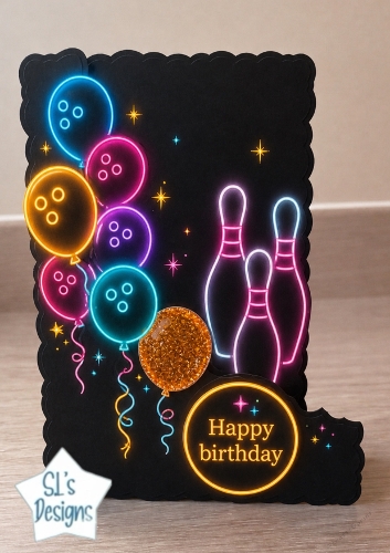 Neon Bowling Birthday Topper – Glow Party Pins & Balloons Card Front