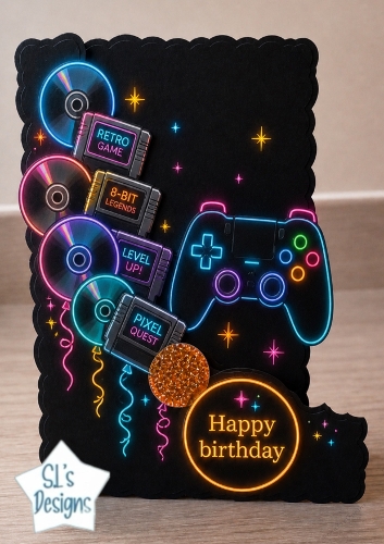 Neon Retro Gaming Birthday Topper – Controller & Pixel Arcade Card Front