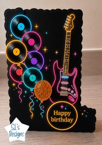 Neon Guitar & Vinyl Balloons Birthday Topper – Music Glow Card Front