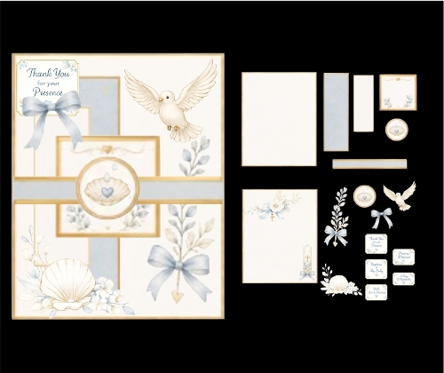 Baptism Card Front with Dove, Shell and Gold Accents – Soft Pastel Religious Design