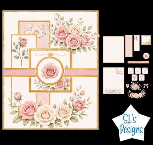 Pink & Cream Roses Card Front with Gold Accents – Elegant Floral Stationery Set