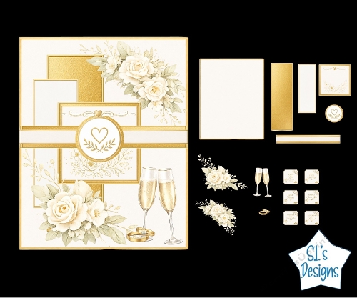 White & Gold Wedding Card Front with Roses and Champagne – Elegant Celebration Set