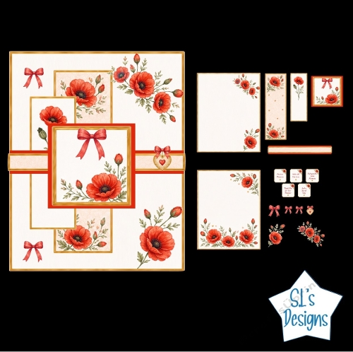 Red Poppies Card Front with Bows – Elegant Floral Craft Sheet
