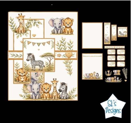 Baby Safari Animals Card Front – Cute Giraffe, Elephant, Lion & Zebra Set