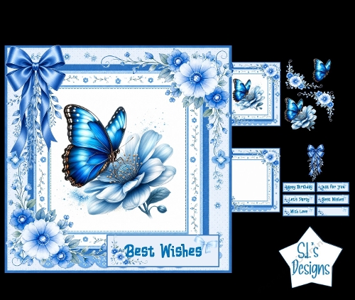 Blue Butterfly Card Kit – Floral Accents, Ribbons & Sentiment Labels – Elegant Printable Topper