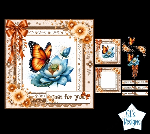 Orange Butterfly Card Kit – Blue Flowers, Ribbons & Sentiment Labels – Elegant Printable Topper