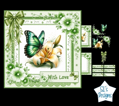 Green Butterfly Card Kit – Yellow Lily, Ribbons & Sentiment Labels – Elegant Printable Topper