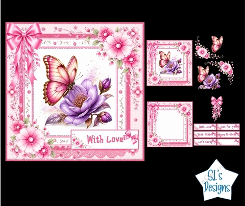 Pink Butterfly Card Kit – Purple Flowers, Ribbons & Sentiment Labels – Elegant Printable Topper