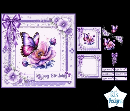 Purple Butterfly Card Kit – Pink Flowers, Ribbons & Sentiment Labels – Elegant Birthday Printable