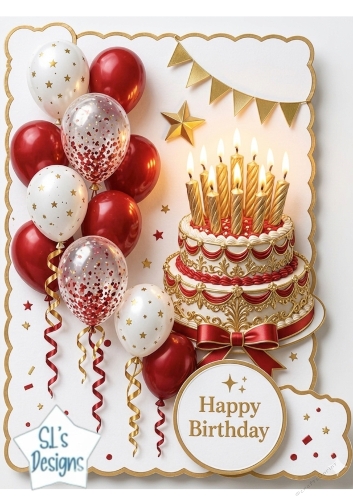 Elegant Red & Gold Birthday Cake Topper with Balloons & Confetti