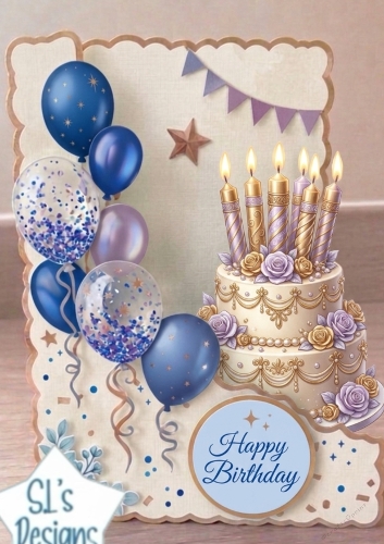 Elegant Lavender & Gold Birthday Cake Topper with Balloons & Bunting