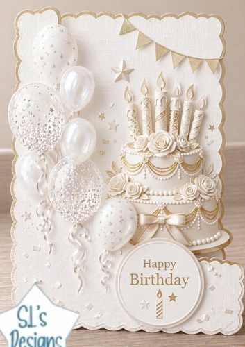 Elegant White & Gold Birthday Cake Topper with Balloons & Stars