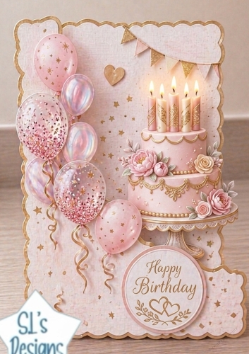 Elegant Pink & Gold Birthday Cake Topper with Balloons & Hearts