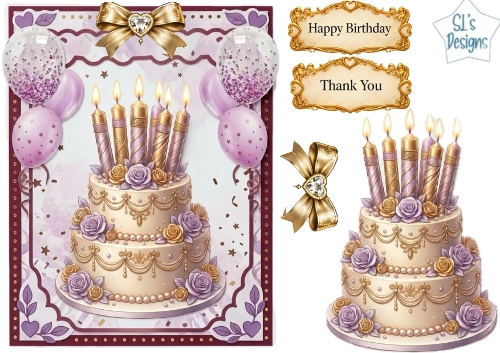 Luxury Lavender & Gold Birthday Cake Topper with Balloons & Labels