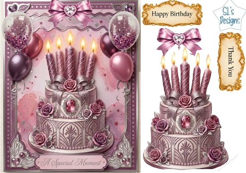 Luxury Pink & Lavender Birthday Cake Topper with Balloons & Sentiment Labels