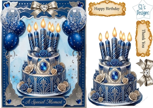 Elegant Blue & Silver Birthday Cake Topper with Balloons & Sentiment Labels