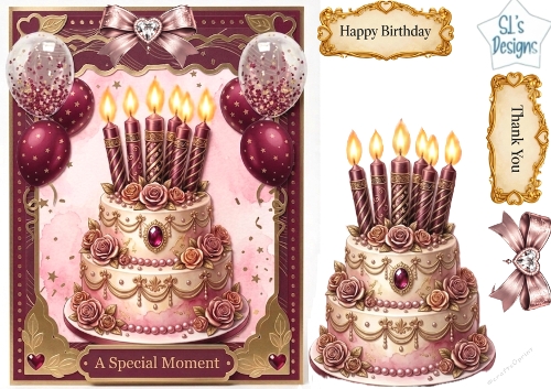 Luxury Pink & Gold Birthday Cake Topper with Balloons & Sentiment Labels 1