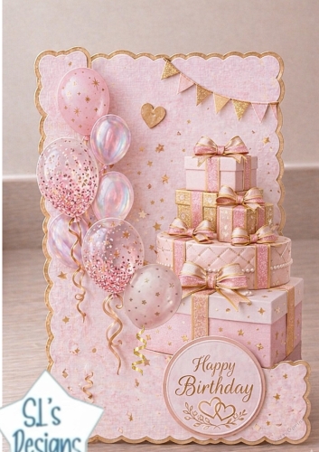 Pink & Gold Birthday Topper with Balloons, Gifts & Elegant Frame