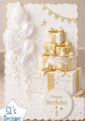 White & Gold Birthday Topper with Balloons & Gift Stack