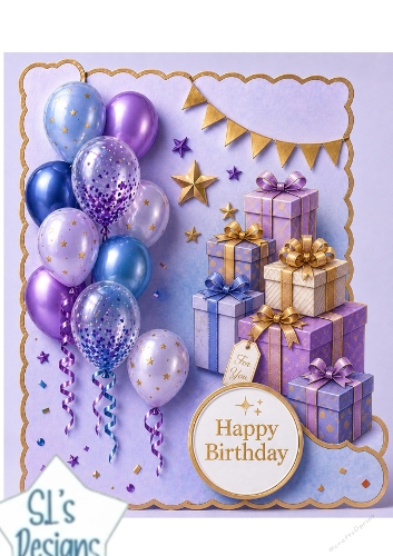 Blue & Purple Birthday Topper with Balloons, Gifts & Gold Accents