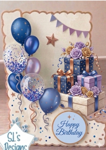 Blue & Purple Birthday Topper with Balloons, Gifts & Floral Accents
