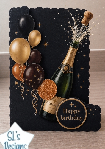 Black & Gold Champagne Birthday Topper with Balloons & Sparkle