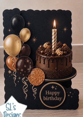 Chocolate & Gold Birthday Topper with Cake & Balloons