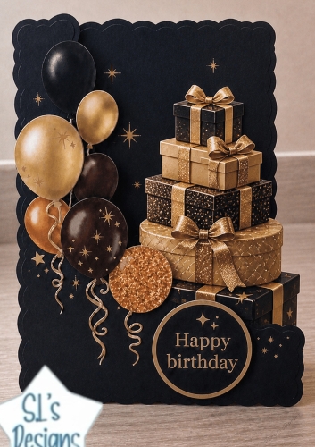 Black & Gold Birthday Topper with Gift Stack & Balloons