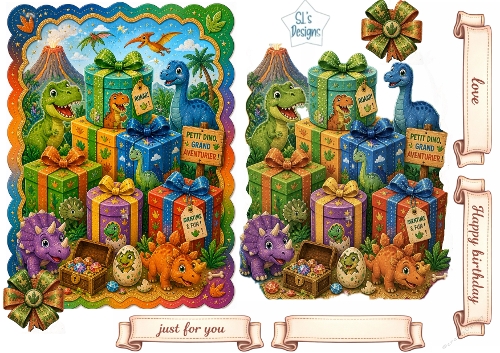 Dinosaur Birthday Topper with Cute Dinos, Gifts & Adventure Scene