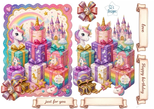 cup1442465_135813 - Unicorn Birthday Topper with Castle, Rainbow & Gift Stack
