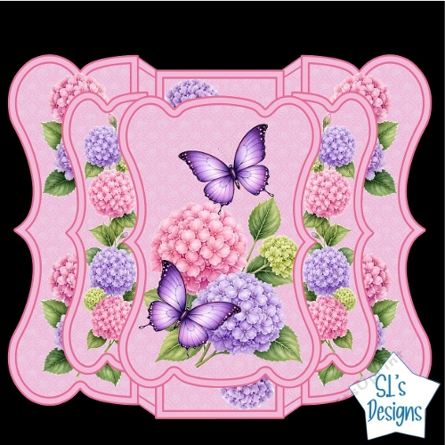 Hydrangea & Butterfly Card Topper – Pink & Purple Florals, Scalloped Frame – Elegant Printable Design