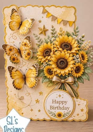 Elegant Sunflower Birthday Topper with Butterflies & Gold Accents