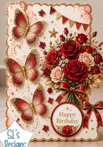 Elegant Red Butterfly Birthday Topper with Roses & Gold Accents