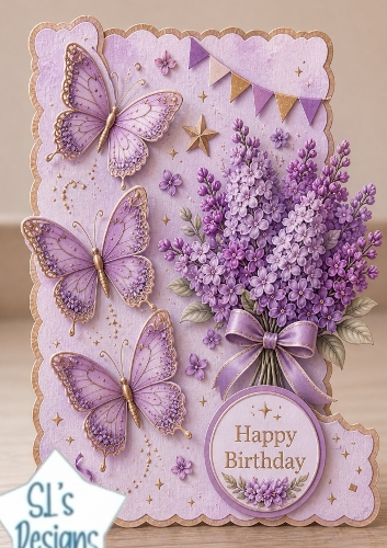Elegant Purple Butterfly Birthday Topper with Lilac Flowers & Gold Accents