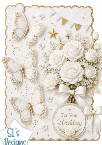 Elegant Wedding Topper with White Roses, Gold Butterflies & Ivory Accents