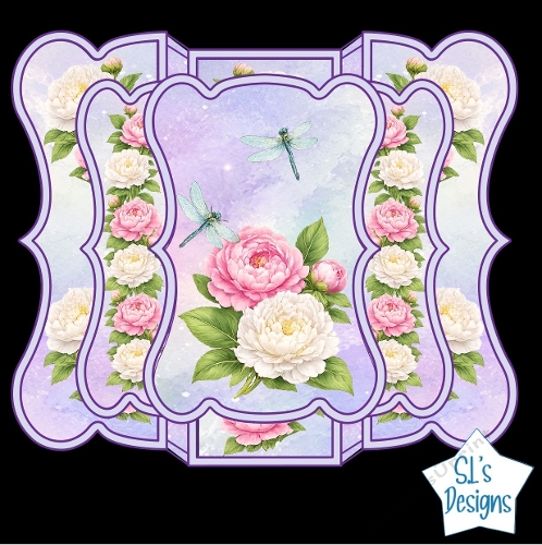 Peony & Dragonfly Card Kit – Layered Panels, Pink Flowers & Blue Accents – Elegant Printable Topper