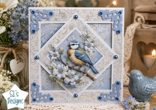 Blue Tit Bird & Blue Floral Layered Card Topper