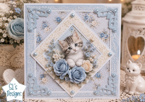 Cute Kitten with Blue Roses Layered Card Topper