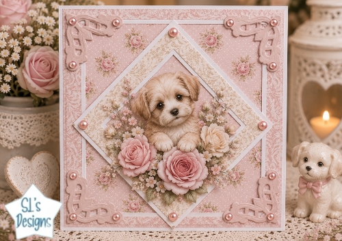 Sweet Puppy with Pink Roses Layered Card Topper