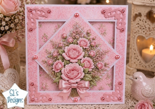Pink Rose Bouquet with Bow Layered Card Topper