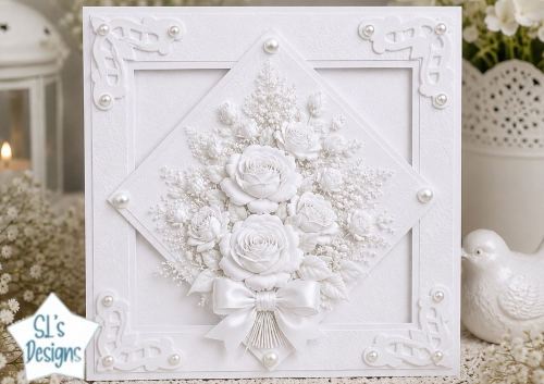 Elegant White Rose Bouquet Layered Card Topper
