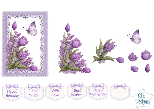 Elegant Purple Tulip & Butterfly Card Front – Floral Lace Design with Sentiment Tags