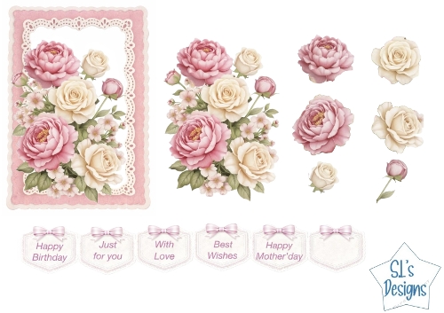 Romantic Peony & Cream Rose Card Front – Lace Frame with Sentiment Tags