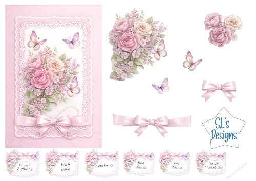 Pink Rose & Butterfly Lace Card Front – Pastel Floral Printable with Sentiment Labels