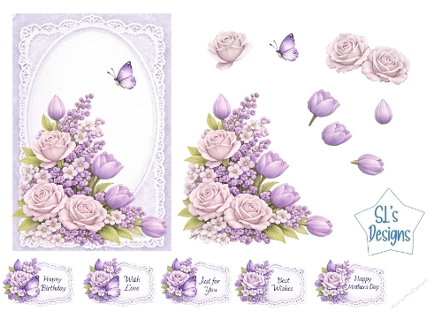 Pink Rose & Purple Tulip Lace Card Front – Elegant Floral Printable with Sentiment Labels