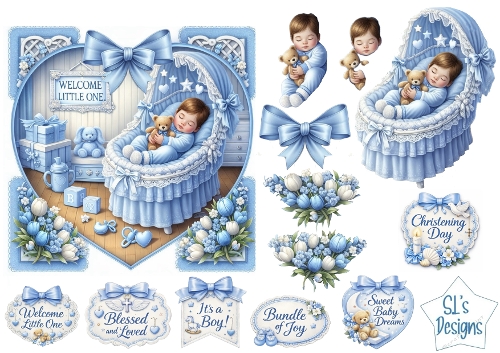 Baby Boy Bassinet Card Front – Blue Newborn Printable with Sentiment Labels