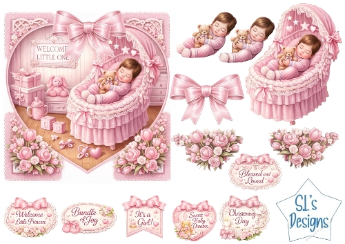Baby Girl Bassinet Card Front – Pink Newborn Printable with Sentiment Labels