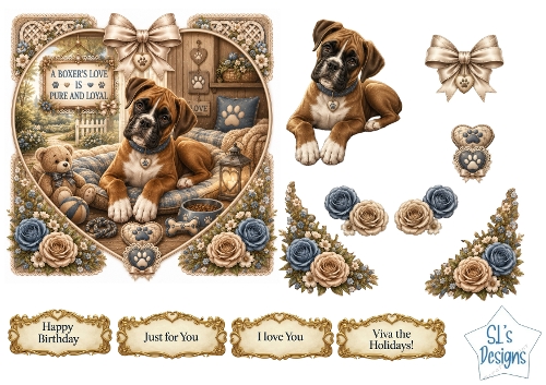 Boxer Puppy Heart Frame Card Front – Loyal Dog Printable with Sentiment Labels