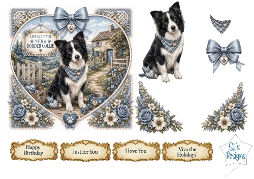 Border Collie Heart Frame Card Front – Countryside Dog Printable with Sentiment Labels